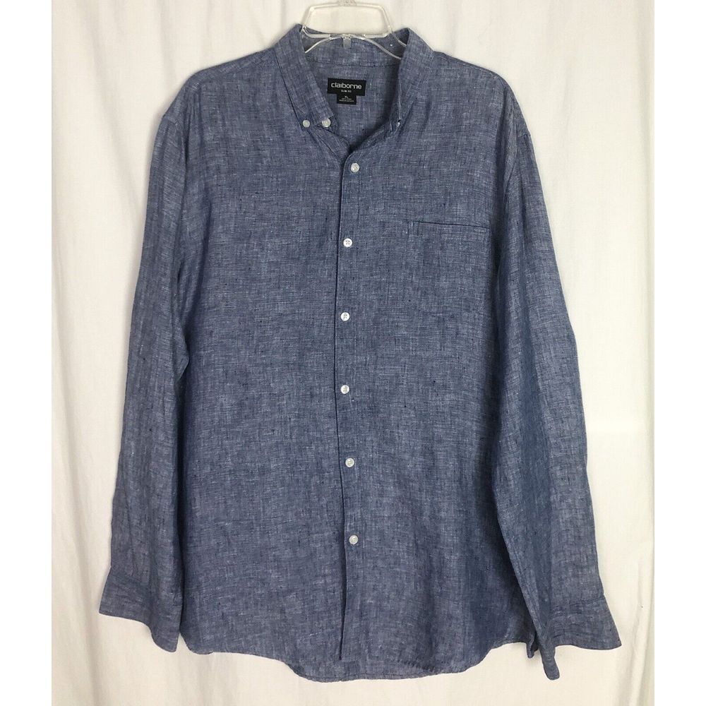 Claiborne Slim Fit Long Sleeve 100% Linen Shirt Size XL Blue